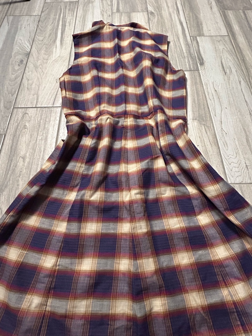 Vintage 60’s Sleeveless Plaid Button-Front Dress Navy Brown Retro Plaid Timeless - Picture 5 of 10